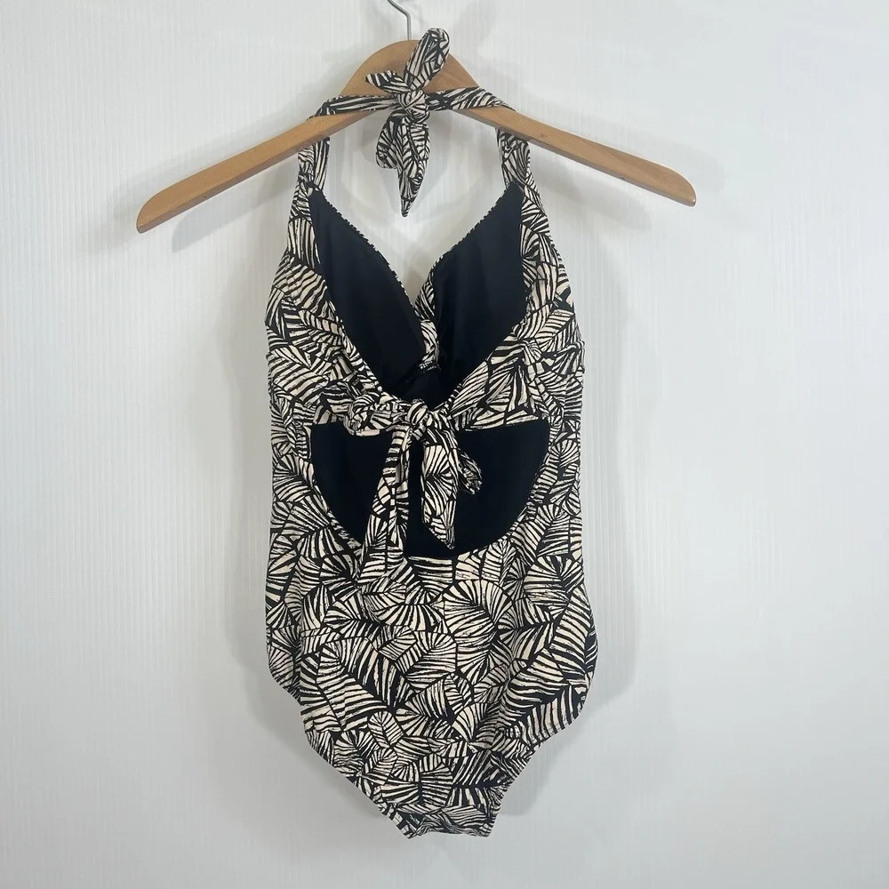 Seafolly Palm Print One‎ Piece Halter Swimsuit 8 Black Tan Tie Back Resort Vacay